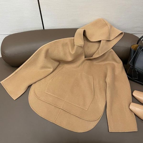 

2021 new ladies fashion long sleeve casual pure wool handmade double-sided woolen hooded pullover 1210, Black;brown