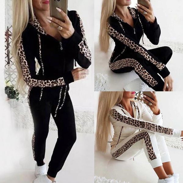 

fashion women two piece tracksuit leopard print hooded sweatshirt jogging pants hoodies sports suit femme sport tracksuit, Gray