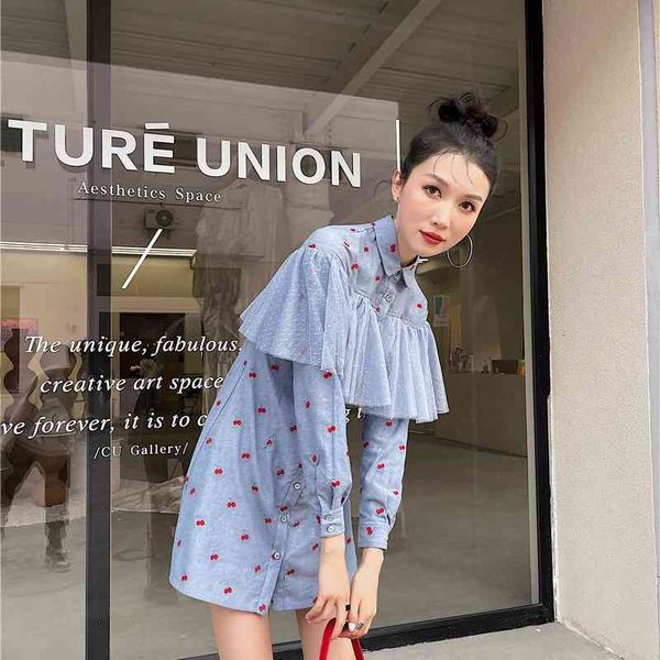 

casual dresses blue floral print mesh button shirt women designer long sleeve ladies mini cute korean fashion clothing njo0, Black;gray