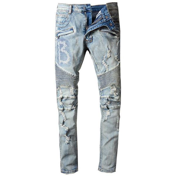 

men's jeans original brand men stripe painted blue fashion slim skinny holes patchwork stretch denim pants big size 40 979