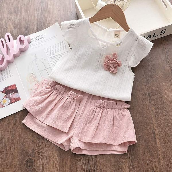 

clothing sets girls 2021 brand suits summer sleeveless appliques t-shirt+floral shorts 2pcs children, White
