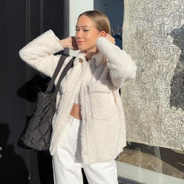 

women's jackets autumn winter women casual retro lamb wool coats ladies female solid color loose single breasted pocket decoration, Black;brown