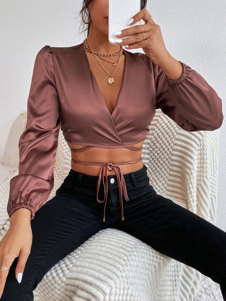 

petite lantern sleeve wrap knot front crop satin blouse e68o#, White