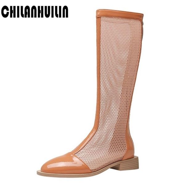 

boots cut-outs knee high mesh hollow out chunky heel gothic punk patent leather quality zipper women shoes summer, Black