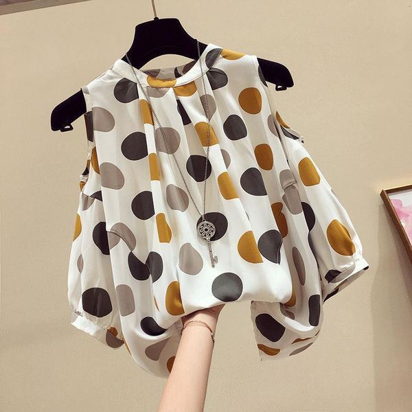 

2021 new off shoulder women shirt summer all match short sleeve chiffon fashion wave point elegant plus size female blouse, White