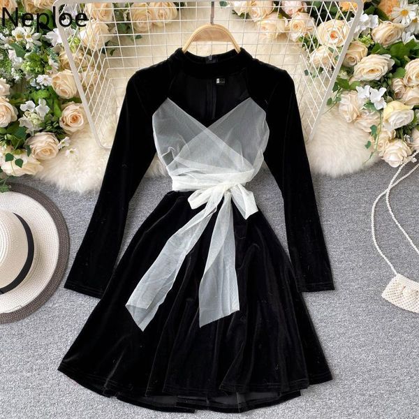 

casual dresses nomikuma vintage velour mesh bow bandage slim waist women dress 2021 autumn long sleeve stand neck vestidos 4e061, Black;gray