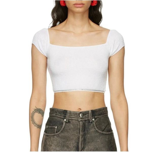 

women's t-shirt black and white revealing slim one-shoulder short-sleeved female 2021 summer pleated zipper short top