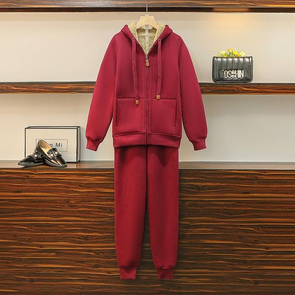 

women's two piece pants large size ladies suit 2021 winter plus velvet thick hooded sweatshirt pencil solid color loose clothing, White