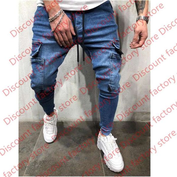 

jeans men 2021 spring and autumn mens solid color multi-pocket slim hip-hop denim mens jeans, Blue
