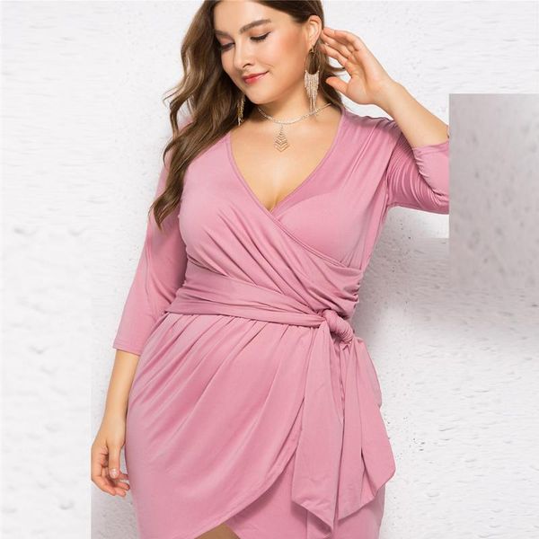 

plus size summer dress women plus size v-neck bandage solid bodycon asymmetrical sundress casual shift dresses vestidos verano, Black;gray