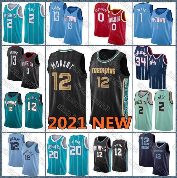 

ja 12 morant jersey lamelo 2 ball gordon 20 hayward jersey john 1 wall hakeem 34 olajuwon 13 harden russell 0 westbrook basketball, Black;red