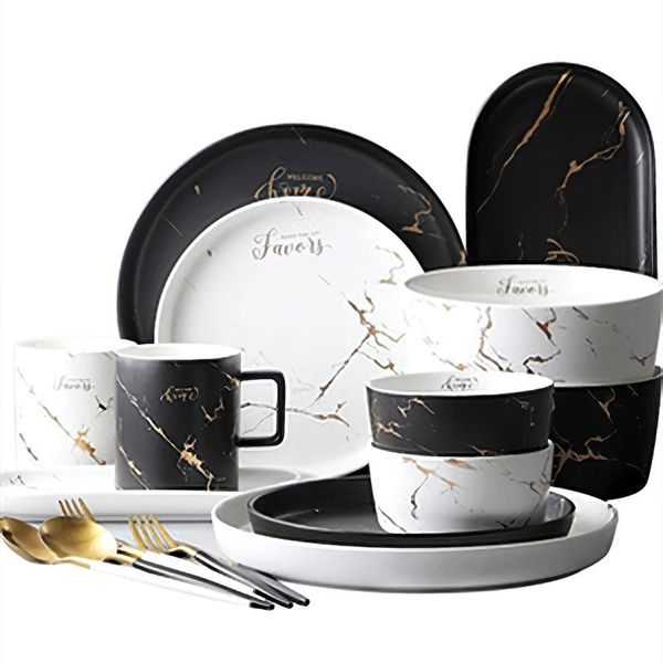 

dishes & plates ceramics cutlery set nordic black white marbling round oval plate bowl cup dish spoon fork tableware household kitchen suppl