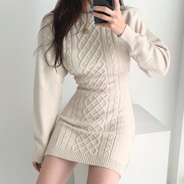 

casual dresses fashion hollow out waist sweater dress women autumn winter high elastic twist knitted bodycon mini 3 colors, Black;gray