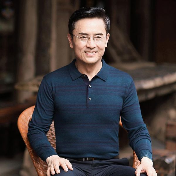 

men's t-shirts loose lapel knitted middle-aged and elderly autumn thin casual long-sleeved striped t-shirt wtp0020, White;black