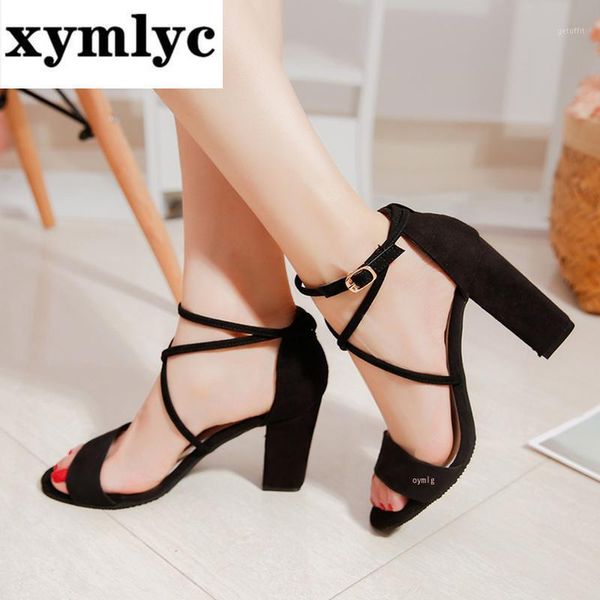 

summer cross-strap sandals pink gladiator sandalia feminina rough with high heels casual buckle strap s022-11, Black