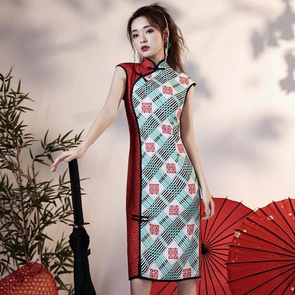 

ethnic clothing sleeveless short cheongsam vintage button prom party dress gown female mandarin collar slim qipao summer vestidos, Red