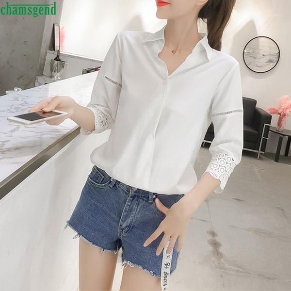 

chamsgend ladies fashion lace three quarter sleeve casual designed slim blouse solid lapel white shirt blusa de moda women's blouses &
