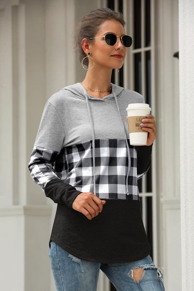 

spring hoodies women's casual slim plaid stitching blended knitting polyester clothes women's hooded drawstring long sleeve top, Black