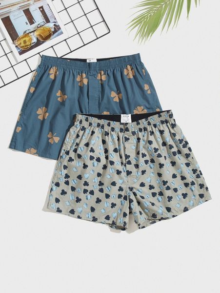 

men 2pcs random clover & playing card print pajama shorts 92jt#, Black;brown