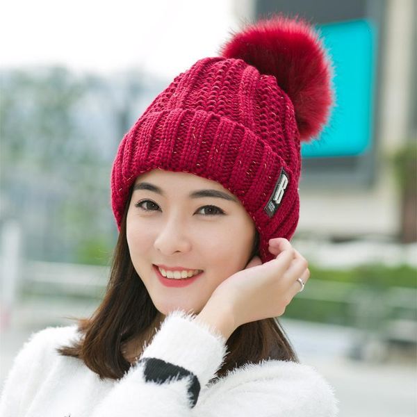 

2021 new pom poms winter hat for women fashion solid warm hats knitted beanies cap brand thick female cap wholesale, Blue;gray