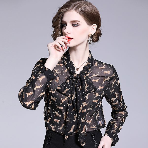 

2021 new estilo itlia leopardo impresso marca chiffon feminina primavera e vero lao fitas moda camisa meninas s camisas casuais ubbm, White