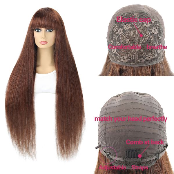 

brazilian straight ombre human hair wigs for women full wig with bang silk brown purple highlight wig remy 30inch, Black;brown