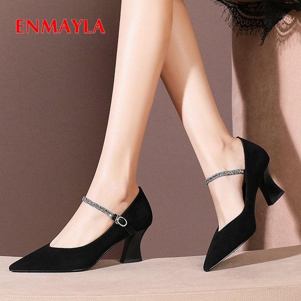 

dress shoes enmayer 2021 mature genuine leather pointed toe buckle strap wedding basic square heel crystal luxury women 34-39, Black