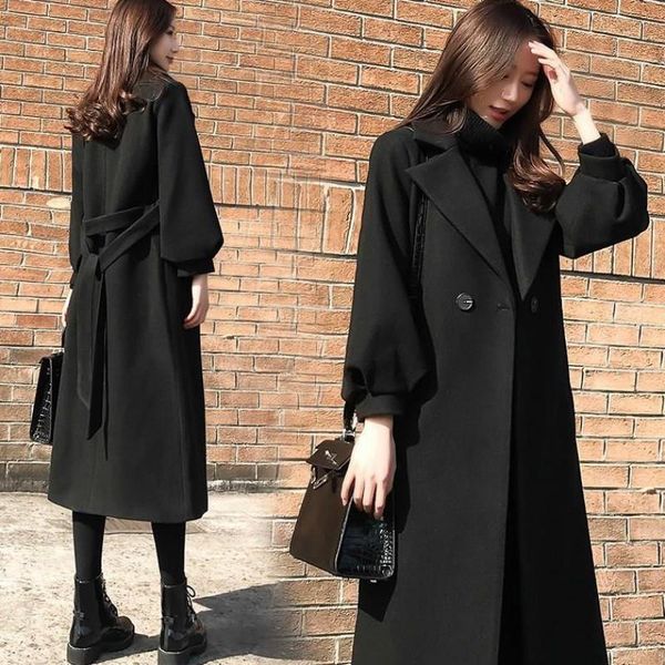 

women's wool & blends women elegant 4xl overcoat long bandage woolen coat cardigan loose plus size female black winter coats
