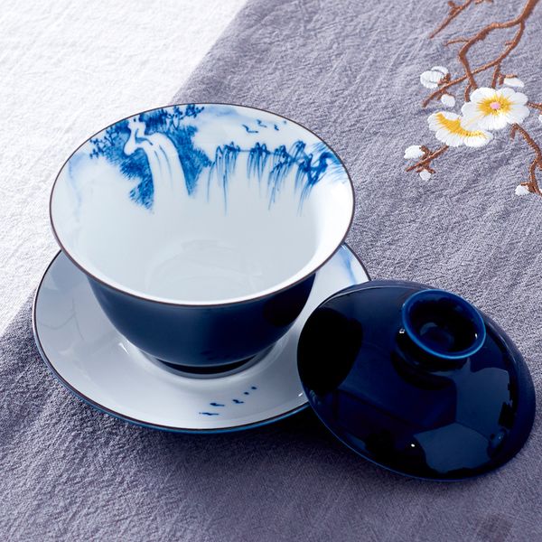 Dipinto a mano Big Bowl Gaiwan Blue Zuppiera Jingdezhen Bollitore Chawan accessori