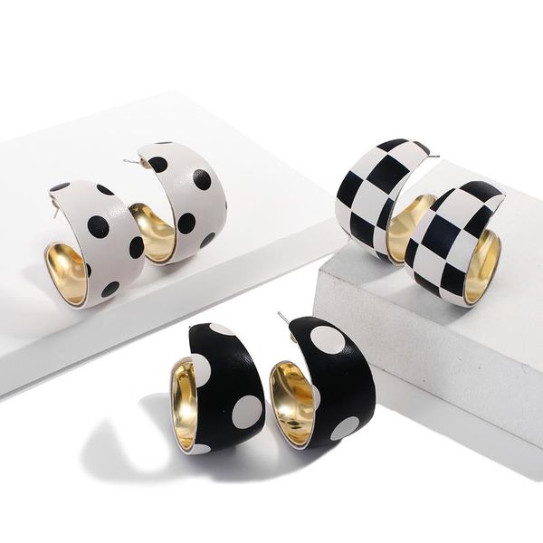 

hoop & huggie aensoa vintage leather black white lattice c-type earrings for women fashion elegant geometric jewelry wholesale, Golden;silver