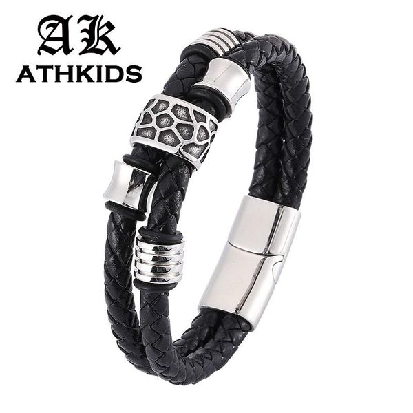 

fashion black leather bracelet men jewelry beads stainless steel magnetic buckle braided bracelets wrist band gifts pd0332, Golden;silver