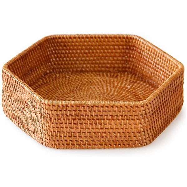 

kitchen storage & organization hexagonal decorative rattan wicker woven tray basket, for coffee table and ottoman decor, or living bathroom