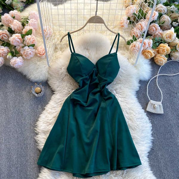 

black/yellow/green spaghetti strap mini dress women elegant v-neck high waist open back club party vestidos summer 2021 new y0603, Black;gray