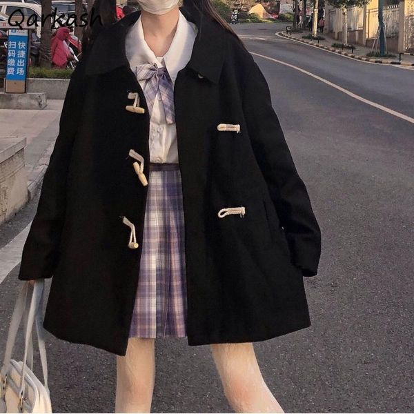 

women's wool & blends women harajuku black deign button-up coats turn-down collar streetwear japanese style fashion outwear girls