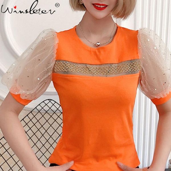 

women's t-shirt summer european style cotton loose fashion patchwork beading transparent women shiny tees 2021 t13918a, White