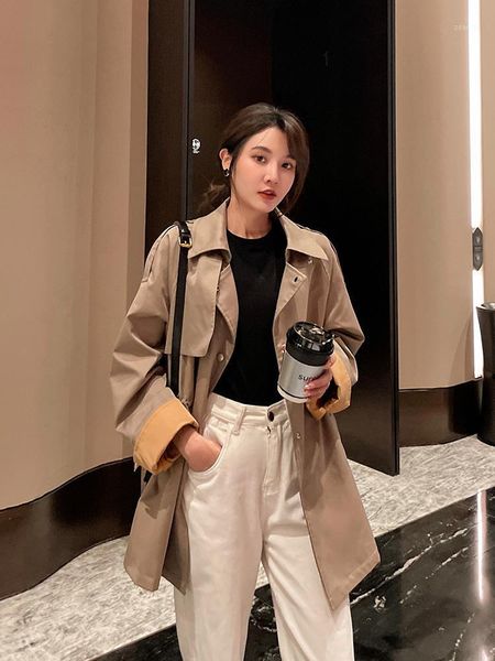 

women's trench coats windbreaker middle and long small autumn clothes in 2021 high-end temperament british fashion coat trend, Tan;black