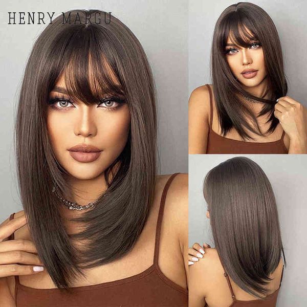 

hairpiece henry margu dark brown medium long bob synthetic wigs with bangs layered hair natural straight for women high temperature 0121
