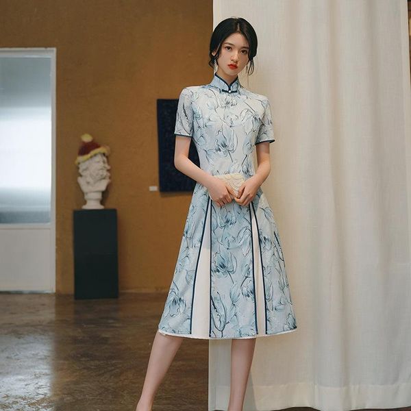 

ethnic clothing flower printed vestidos improved cheongsams elegant classic retro button qipao casual dress traditional mandarin collar gown, Red