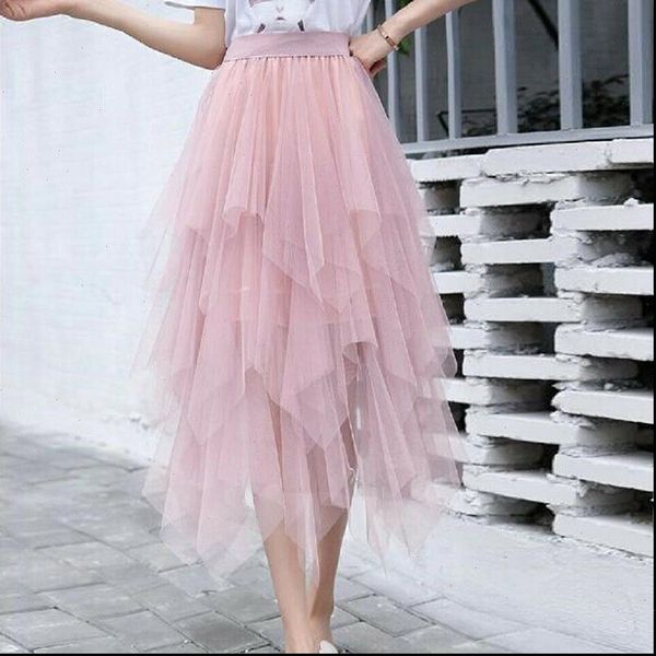 

womens elastic high waist irregular hem medium long skirt spring summer solid color layered pleated midi tulle mesh skirt, Black