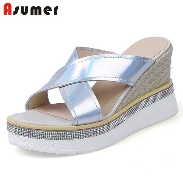

asumer 2021 new fashion high heels wedges shoes women slipper solid colors casual shoes summer platform slipper women, Black