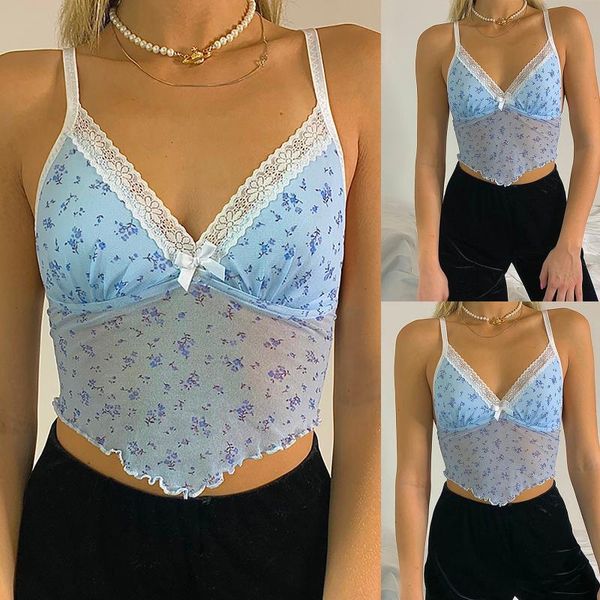 

women's tanks & camis floral print strap summer women deep v neck cami backless lace stitching slim 90s girl crop camisole shi, White