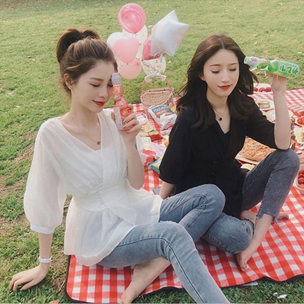 

casual v neck chiffon solid womens shirts slim waist short sleeve, White