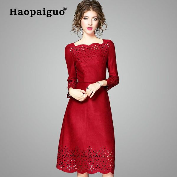 

casual dresses s-xxl plus size spring china red 2021 year woman dress elegant hollow out chamois office women winter leather, Black;gray