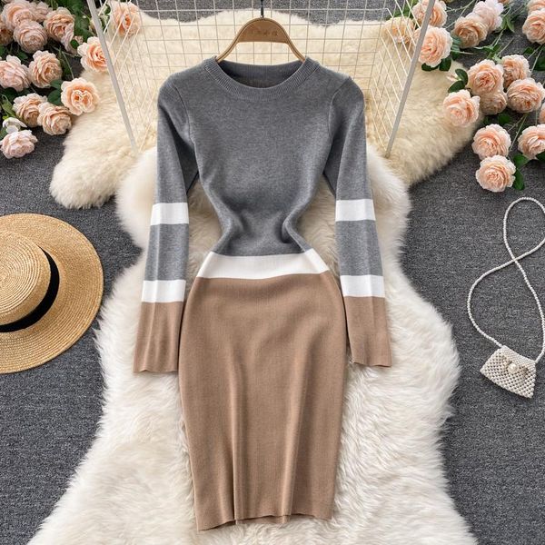 

casual dresses autumn korean elegant o-neck slim knitted dress striped contrast color package hip long sleeve robe female chic bottomed vest, Black;gray