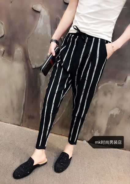 

m-3xl 2021 men's clothing hair stylist gd fashion summer vertical stripes casual harem pants plus size costumes, Black