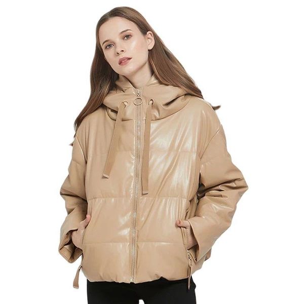 

women's leather & faux ydtomm padded coat 2021 winter zipper hooded jacket parka long sleeve pockets outerwear thick warm pu women, Black