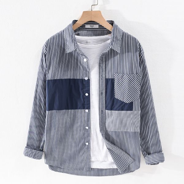 

2021 designer new brand long-sleeved stripe cotton patchwork trendy shirts for men casual comfortable shirt mens overhemd 23qm, White;black