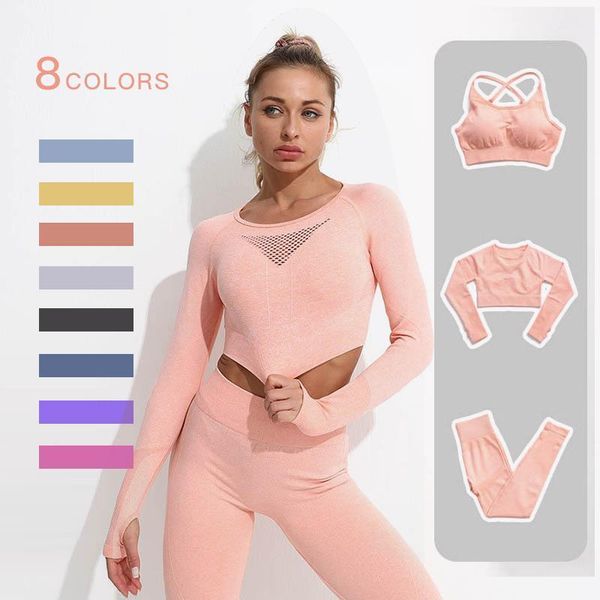 

yoga outfits 2/3pcs seamless women set workout sportswear gym clothing fitness long sleeve crop high waist leggings sports suits1, White;red