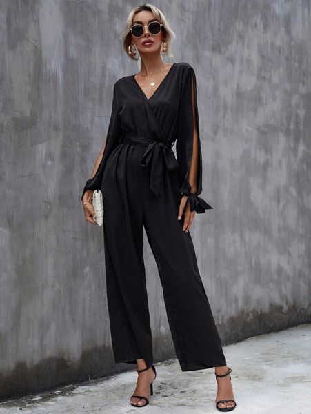 

split sleeve knot cuff belted wide leg jumpsuit 15xe#, White