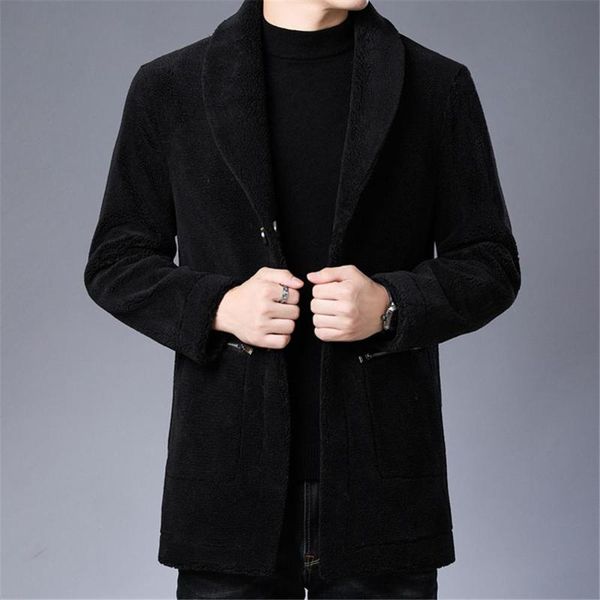 

2021 new velvet men's autumn winter wool singal-breasted v-neck coat korean trend plus thick warm handsome, Black